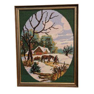 Vintage Framed Needlepoint Cross Stitch Winter Scene With Horse & Cottage